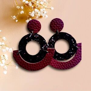 Red /wine colored faux leather earrings with red glitter hoop